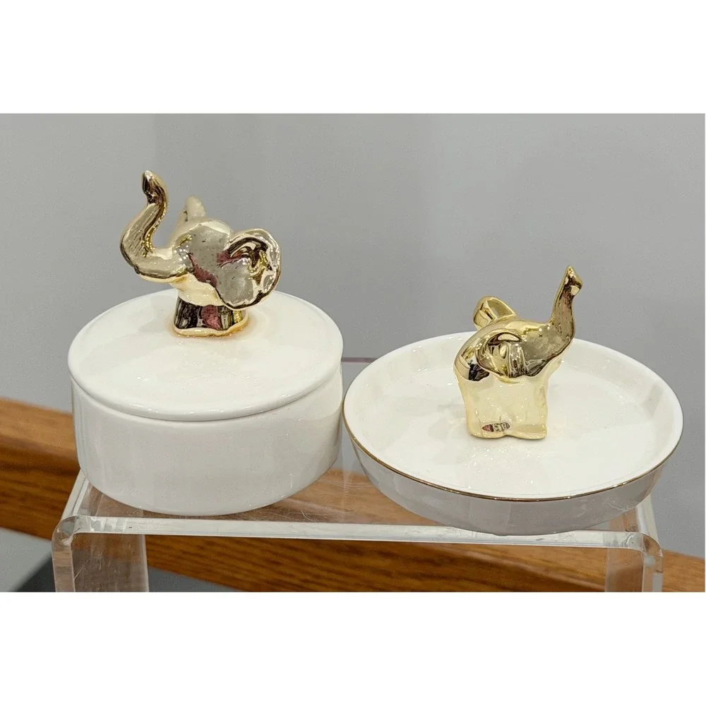 Elephant Jewelry Box and Trinket Dish Ring Holder White With Metallic Gold Set 2
